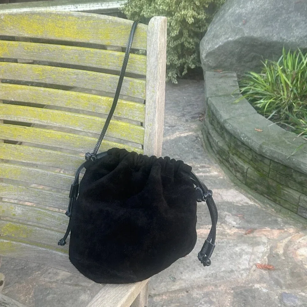 Black Suede Leather Drawstring Italian Made Hobo Bag